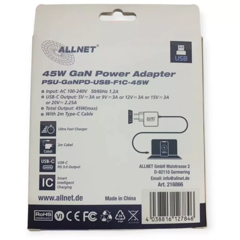 Fuente de alimentación ALLNET PSU-GaNPD-USB-F1C-45W cargador USB-C PD de 45W con cable de 2 m y enchufe EU