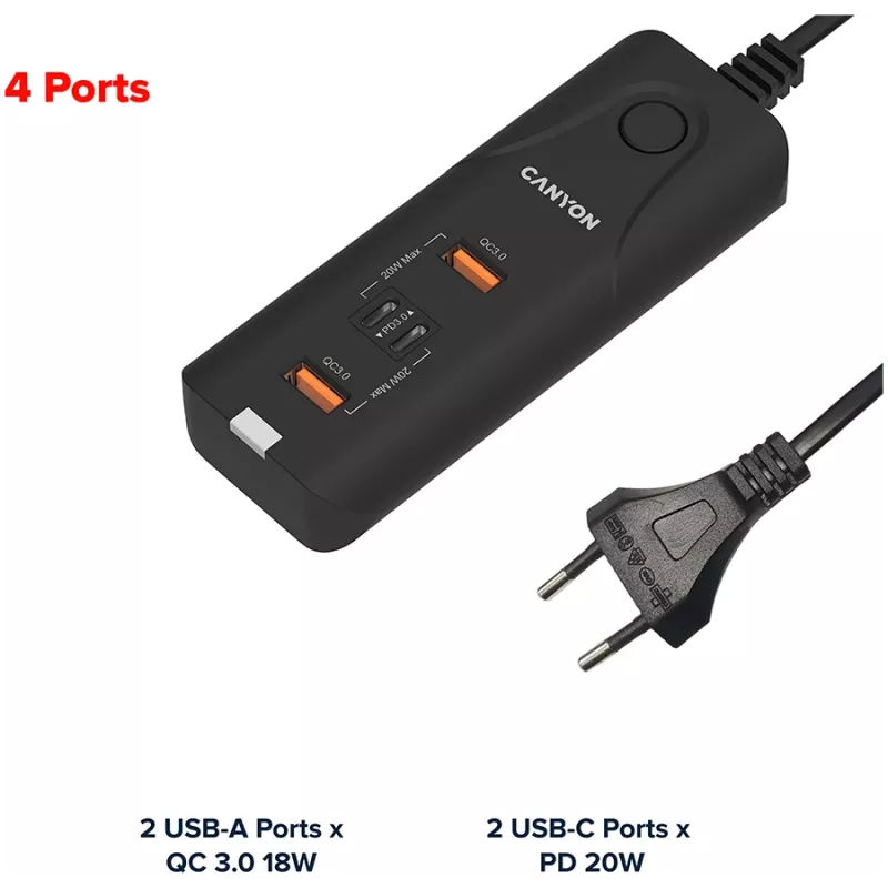 CANYON Cargador H-10 PD 20W QC 3.0 18W 2USB-A 2USB-C sobremesa Negro