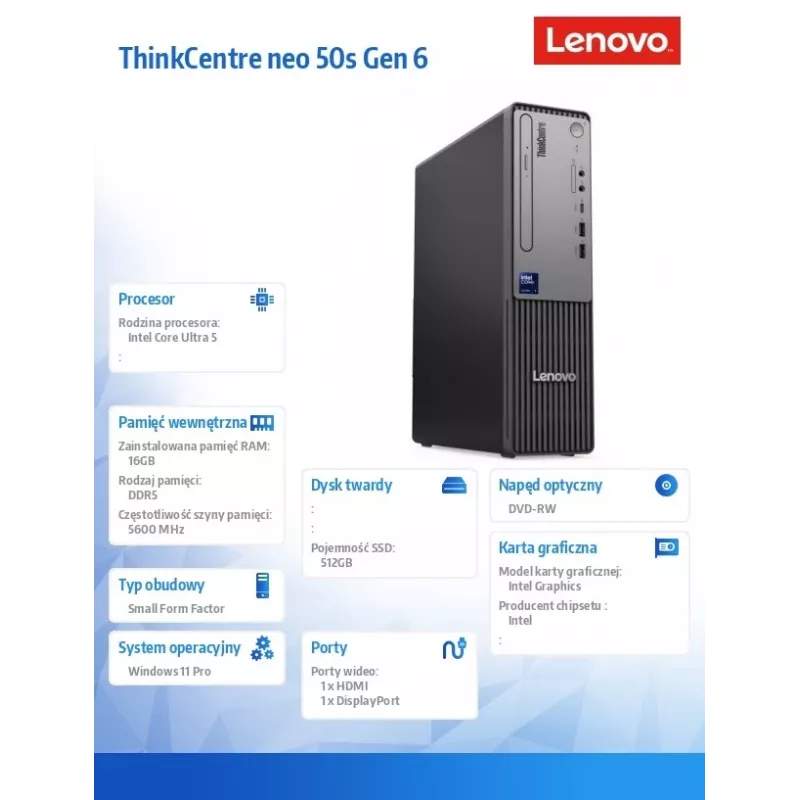 Lenovo ThinkCentre neo 50s Gen 6 13DM000MPB PC de sobremesa, Intel Core Ultra 5 225, 16GB DDR5, 512GB SSD, Windows 11 Pro