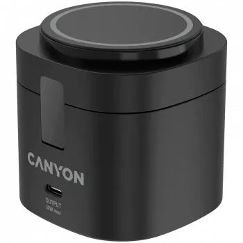 Estación de carga inalámbrica 4 en 1 Canyon, 30W máx, tamaño: 70x70x70,3 mm, peso: 414 g, con cargador de 65W y cable de 1 m, negra