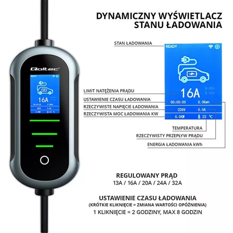 Cargador para coche eléctrico QOLTEC 22 kW 400 V WiFi (TUYA) con cable de 7 m