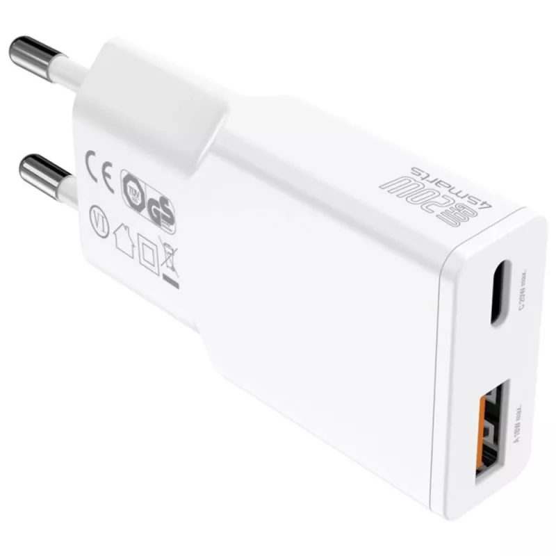 Cargador de dispositivo móvil de interior AC 4smarts 541509 — 100–240V, USB-A + USB-C, cable de 1,5 m, carga rápida, blanco