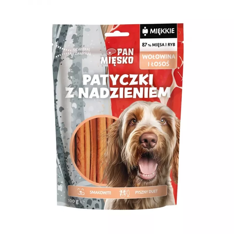 Snack para perros Pan Miesko relleno de ternera y salmón para perros adultos 100 g — snack complementario hipoalergénico, proteínas 28 %, grasas 20 %