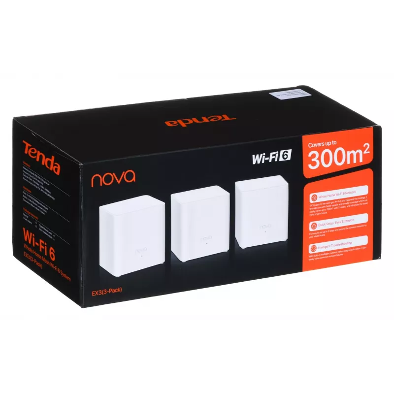 Sistema Mesh WLAN TENDA EX3-3, pack de 3, Dualband 2,4/5 GHz, Wi‑Fi 6, hasta 1201+300 Mbit/s, 2 antenas internas, WPA3