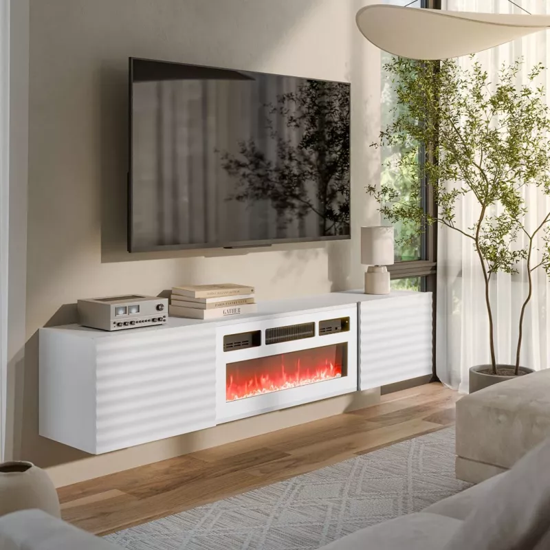 Mueble RTV Cama TULA 183x35x37 blanco mate + blanco con chimenea