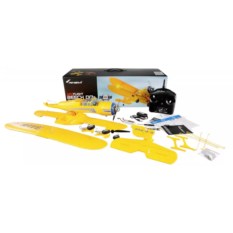 Avión RC Amewi AMXFlight Beech D17s 3D/6G RTF — amarillo, modelo listo para volar