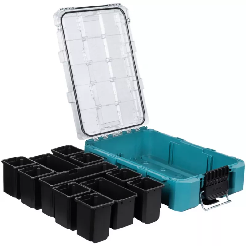 MAKTRAK organizador profundo M, caja de herramientas azul/transparente, tapa transparente