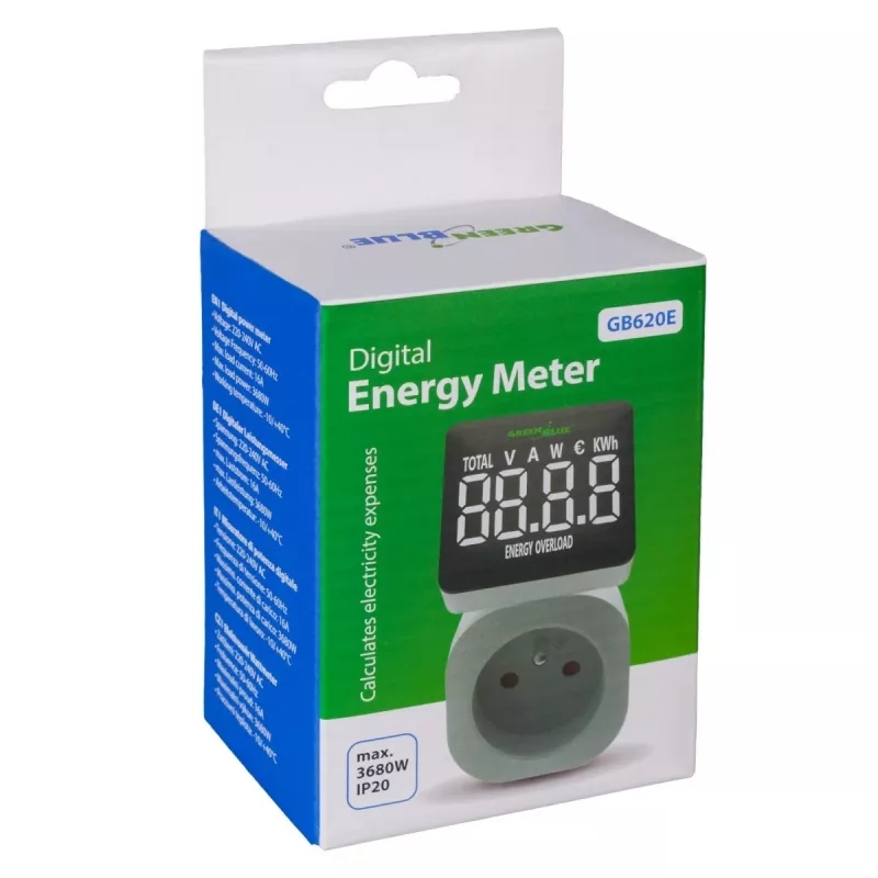 Medidor de vatios y energía GreenBlue GB620E para red de 220 V, máx. 16 A, medidor de corriente/energía enchufable