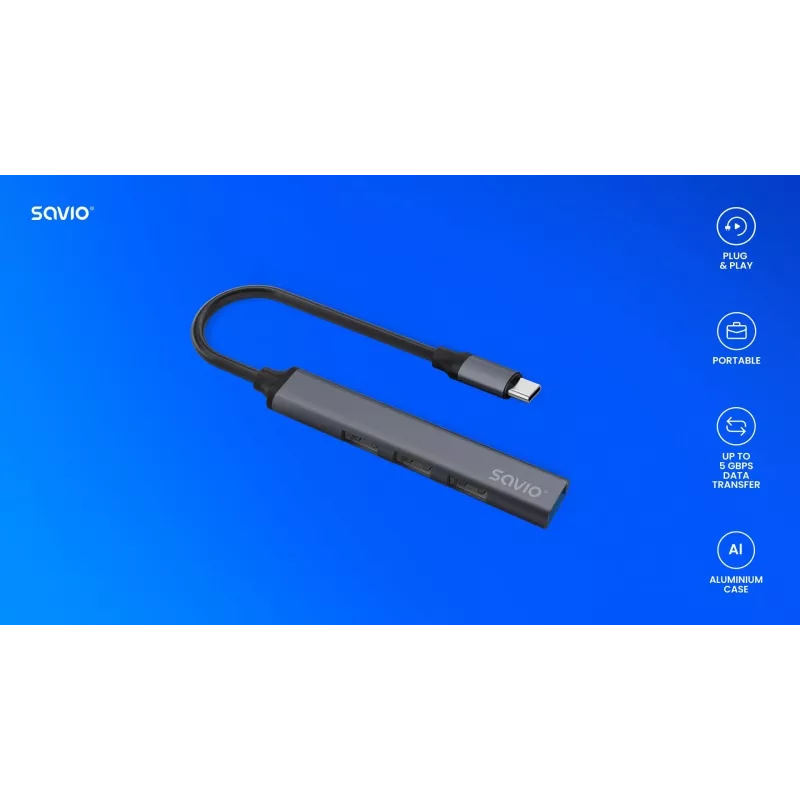 Hub de interfaz USB 3.0 de 4 puertos SAVIO AK-71 con host USB-C, 5000 Mbit/s, 2 años de garantía