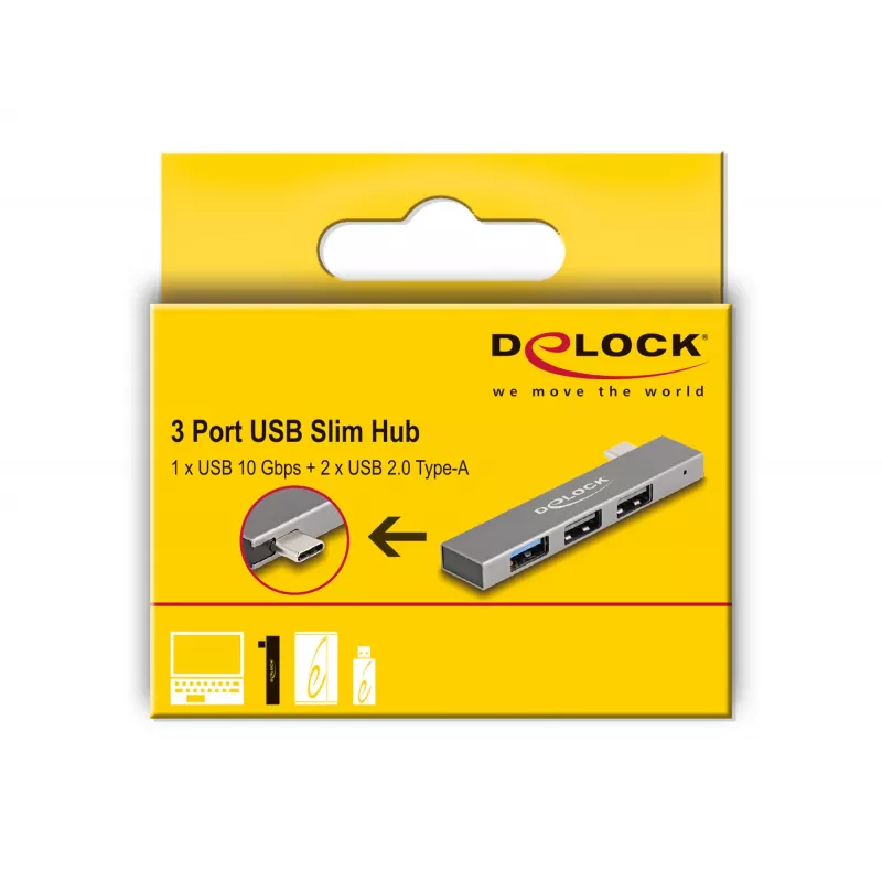 Hub USB DeLOCK 3 puertos fino USB Type-C 10 Gbps 2 x USB 2.0