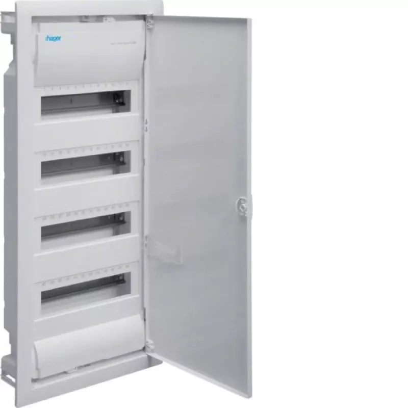 Hager Volta VU48NE cuadro eléctrico empotrable, 4 filas, 48 módulos, IP30, puerta metálica, 348×755,5×98 mm, blanco