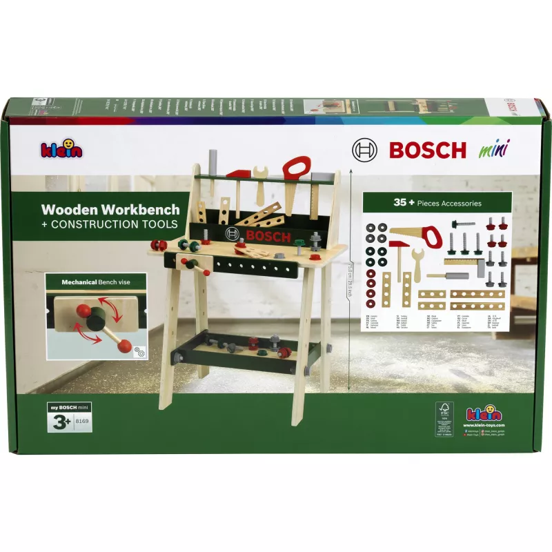 Banco de trabajo de madera para niños Theo Klein Bosch modelo 8169 con encimera de madera de pino de tamaño medio y herramientas de juguete