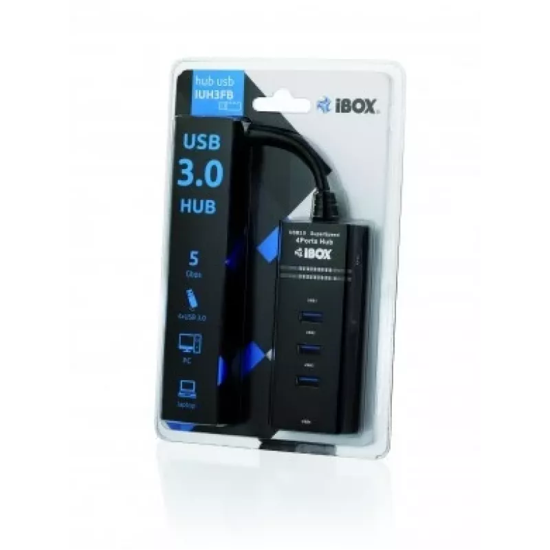 Hub USB 3.2 Gen 1 Type-A de 4 puertos IBOX IUH3FB, 5000 Mbit/s, negro, cable de 0,5 m