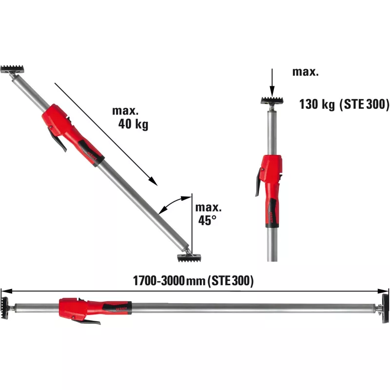 Puntal para pladur Bessey STE300 con pie de trípode regulable en altura, negro/rojo/plata