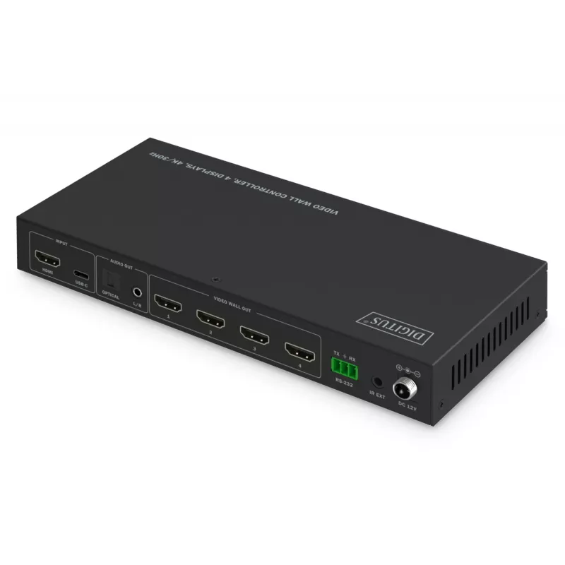 DIGITUS DS-55358 controlador de videowall HDMI, 4 pantallas, salida 4K/30Hz, entrada 4K/60Hz mediante HDMI 2.0 / USB-C (DP 1.2a), RS232, mando a distancia, negro
