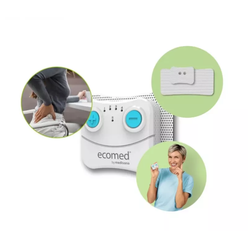 Electroestimulador Medisana TT-10E TENS inalámbrico recargable — 5 programas, 10 niveles de intensidad, 2 electrodos (74×55 mm)