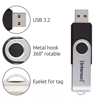 Memoria USB Intenso Office Line, 64 GB, USB-A, 3.2 Gen 1x1, negro-plata, 64 GB, USB Type-A, 3.2 Gen 1 (3.1 Gen 1), anillo giratorio, negro, plata