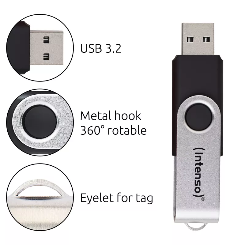 Memoria USB Intenso Office Line, 64 GB, USB-A, 3.2 Gen 1x1, negro-plata, 64 GB, USB Type-A, 3.2 Gen 1 (3.1 Gen 1), anillo giratorio, negro, plata