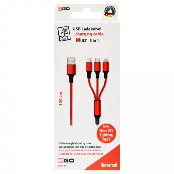 Cable USB 2GO 797150 1,5 m USB B USB C/Micro-USB B/Lightning rojo