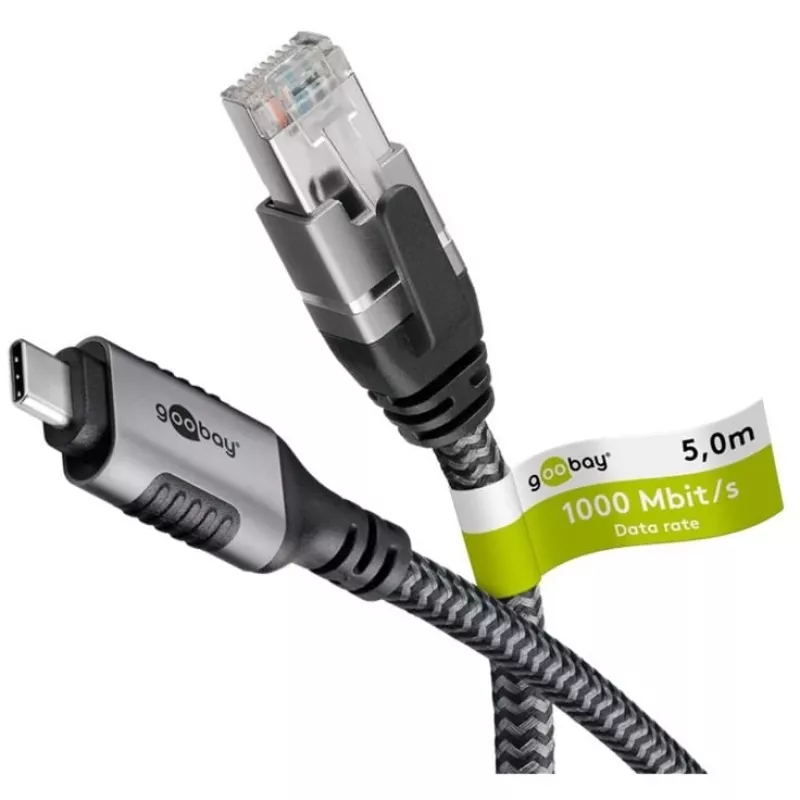 Goobay 70752 cable Ethernet de USB-C 3.1 a RJ45, Cat6 F/UTP, 5 m, negro/plateado