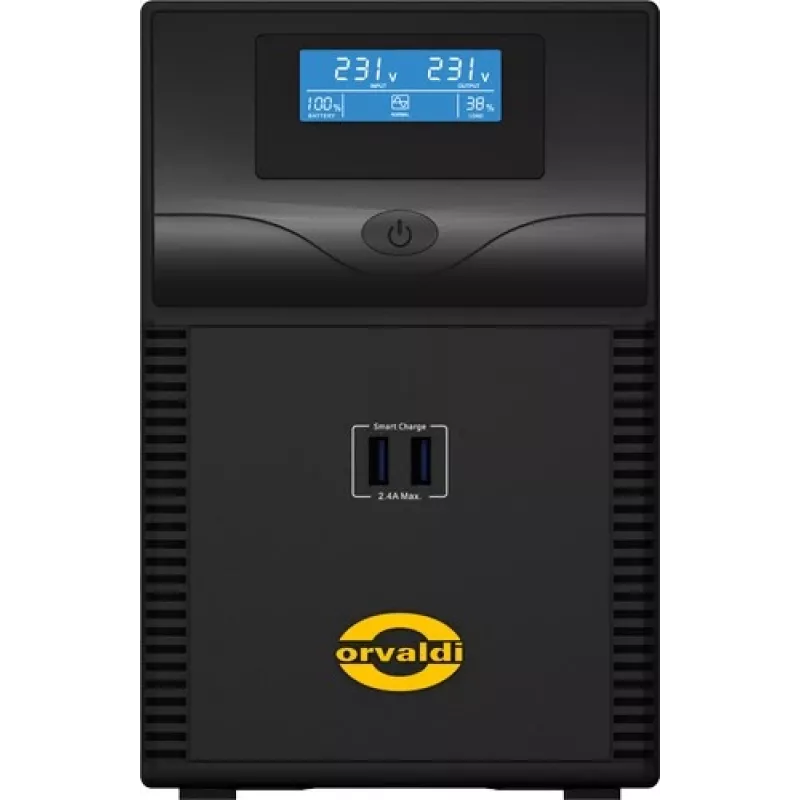 Sistema de alimentación ininterrumpida ORVALDI ID2K0CH line-interactive 2 kVA / 1200 W, 24 V, baterías de 9 Ah, LCD, USB, compacto negro