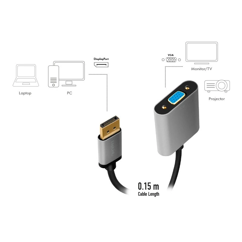 LogiLink CDA0109 Adaptador de cable DisplayPort a VGA 0,15 m Negro Gris