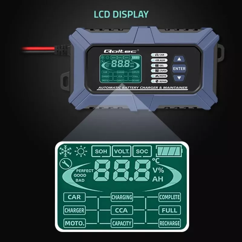 Cargador de batería inteligente con microprocesador Qoltec con probador de batería y función de reparación 12V | 6A | LCD | cargador de batería para batería AGM LiFePO4 GEL