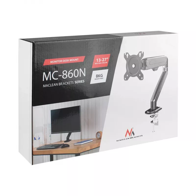Soporte para monitor Maclean MC-860N, con pistón de gas, 13-27, 8 kg, Negro