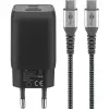 Cargador rápido USB-C Nano, PD, GaN, 65 vatios, cable trenzado USB-C (negro, 1x USB-A, 2x USB-C PD, Quick Charge 3.0, cable de 1 metro)