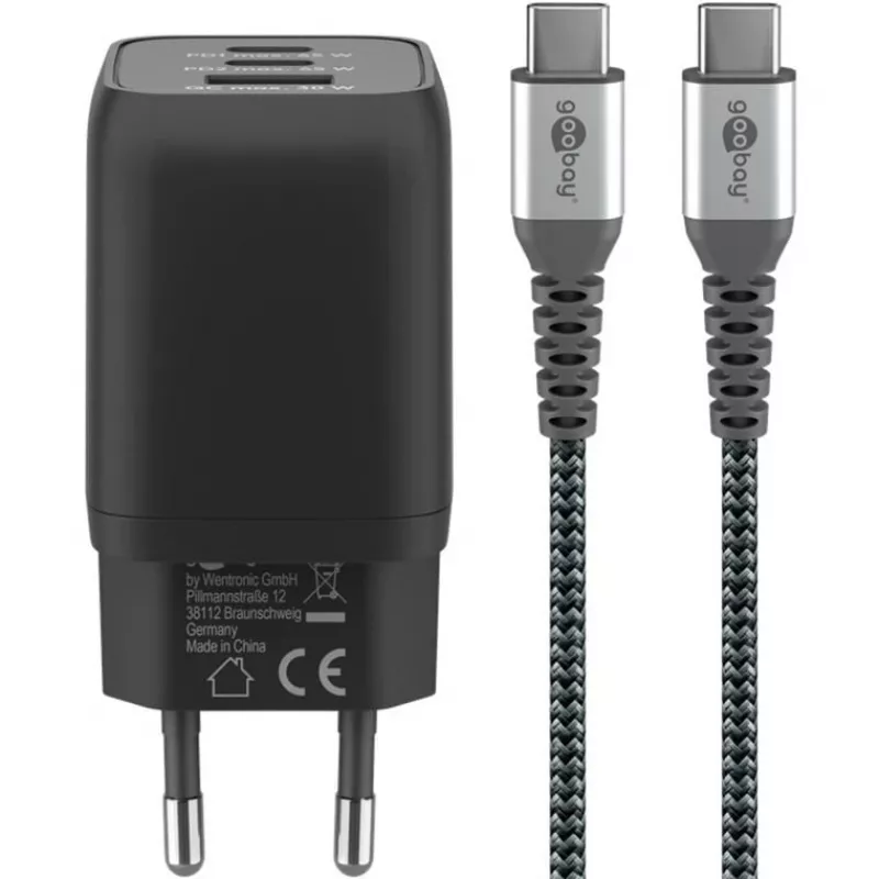 Cargador rápido USB-C Nano, PD, GaN, 65 vatios, cable trenzado USB-C (negro, 1x USB-A, 2x USB-C PD, Quick Charge 3.0, cable de 1 metro)