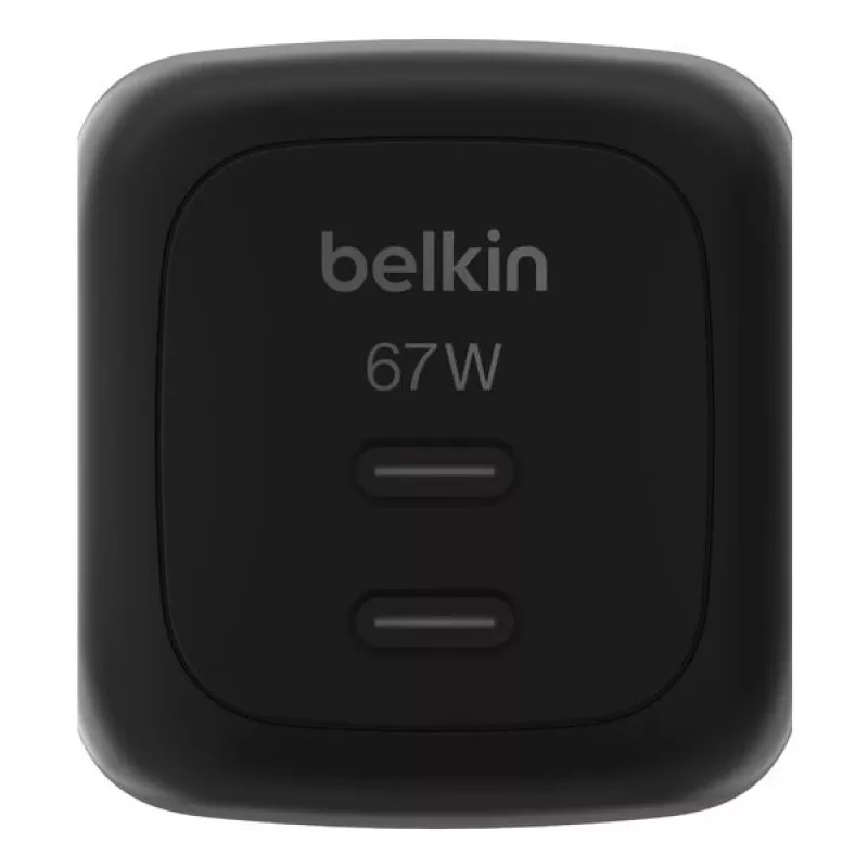 Cargador rápido AC de interior Belkin WCH020kqBK, 2× USB-C, compatibilidad universal, protección eléctrica, negro