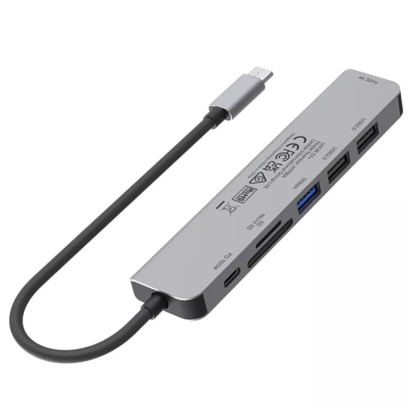 Hub USB-C Unitek 7en1 aluminio PD 100W 5 Gbps — adaptador multipuerto con Power Delivery
