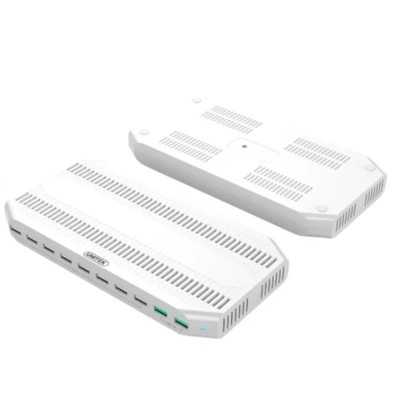 Estación de carga Unitek Y-2190A — 10 puertos USB (8×USB2.0 + 2×USB3.2 Gen1), carga inalámbrica, 96 W de potencia total