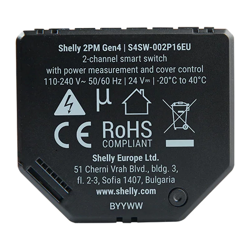 Shelly 2PM Gen4 actuador de persianas/toldos 2 canales, AC 110–240V, Wi‑Fi 2,4 GHz, 1,4 W, 8000 KB Flash
