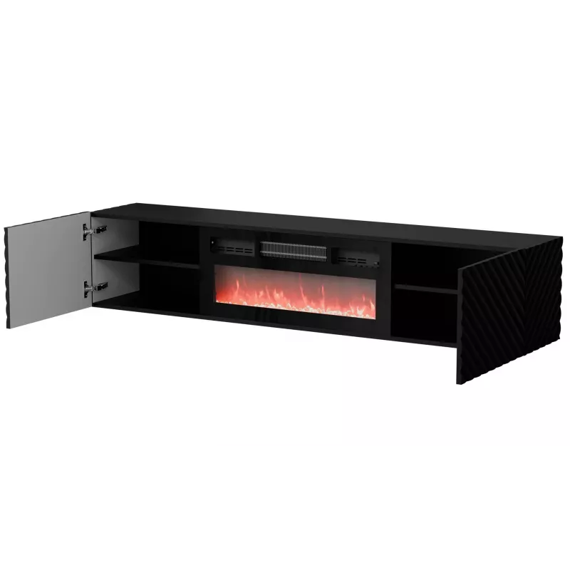 Mueble TV Cama Meble LARA 183x35x37 cm negro mate con chimenea eléctrica integrada