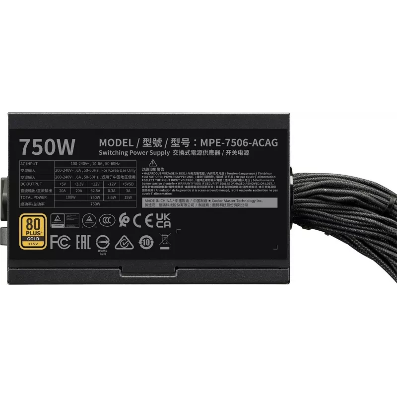 Fuente de alimentación Cooler Master MWE GOLD 750v3 ATX 3.1 750W 80 PLUS Gold no modular, 6x SATA, 4x 6+2 PCIe, 2x 4+4 EPS