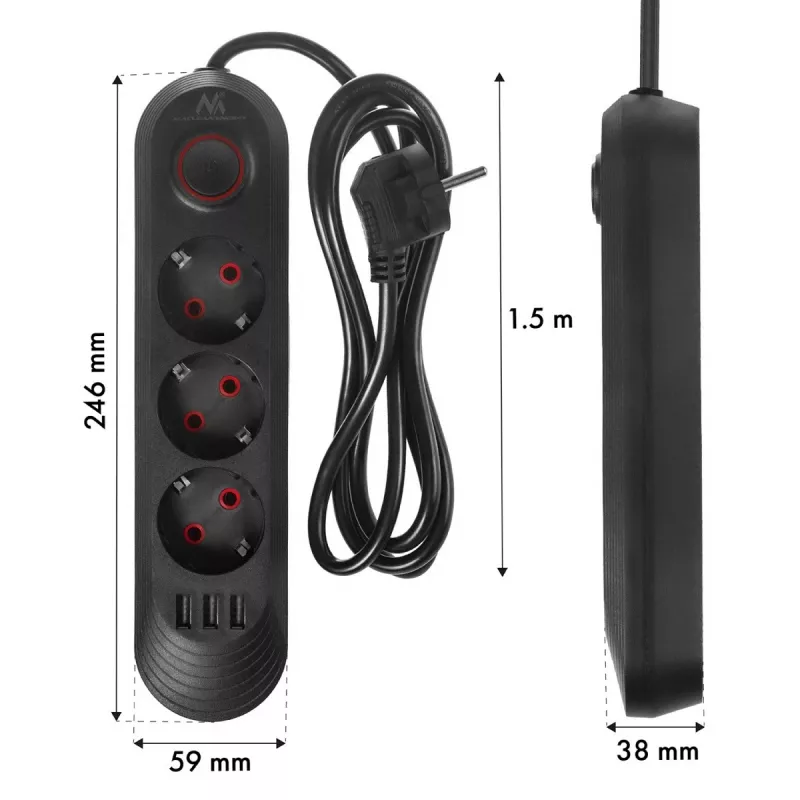 Regleta de enchufes MACLEAN MCE394 B — 3 tomas + 3×USB A, 110–240V, 2,1A USB, 2500W, cable 1,5 m, negro