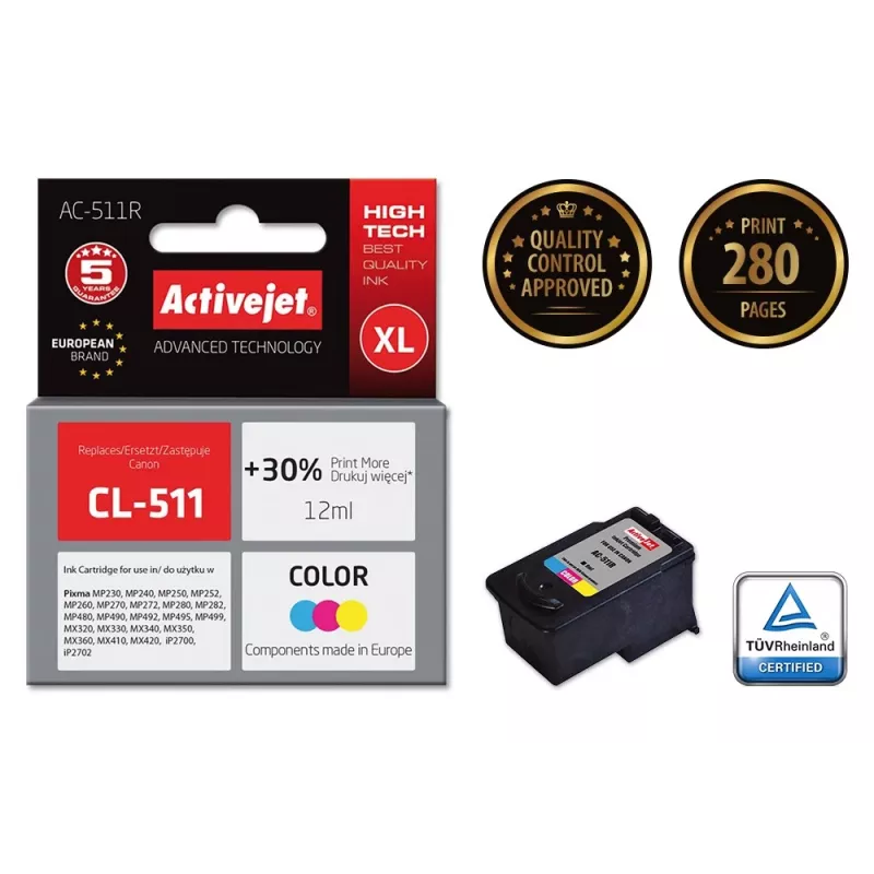 Cartucho de tinta ActiveJet AC-511R compatible con Canon CL-511, a base de tinte CMY, alta capacidad (XL) 12 ml, pack individual