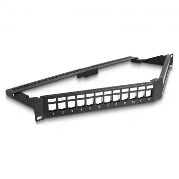 Panel de parcheo Keystone DeLOCK 19 pulgadas 24 puertos con alivio de tracción 1HE en ángulo negro