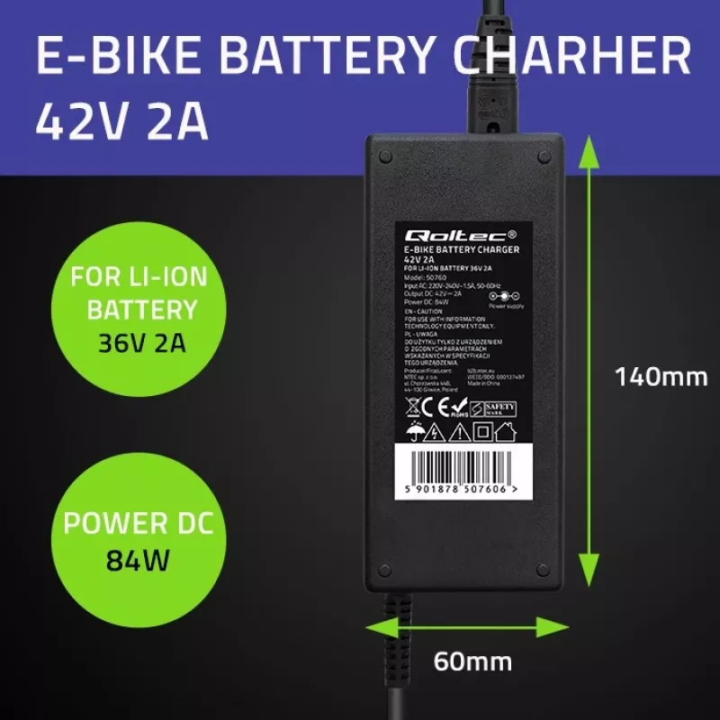Cargador Qoltec 50761 para baterías de e-bike 36V | 42V | 2A | 5,5*2,5