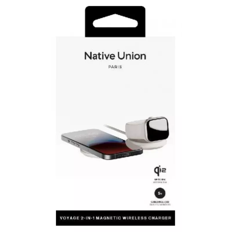 Cargador inalámbrico 2 en 1 de interior native union Voyage 2-In-1 Wireless Charger Sandstone USB compatible con smartphone gris claro