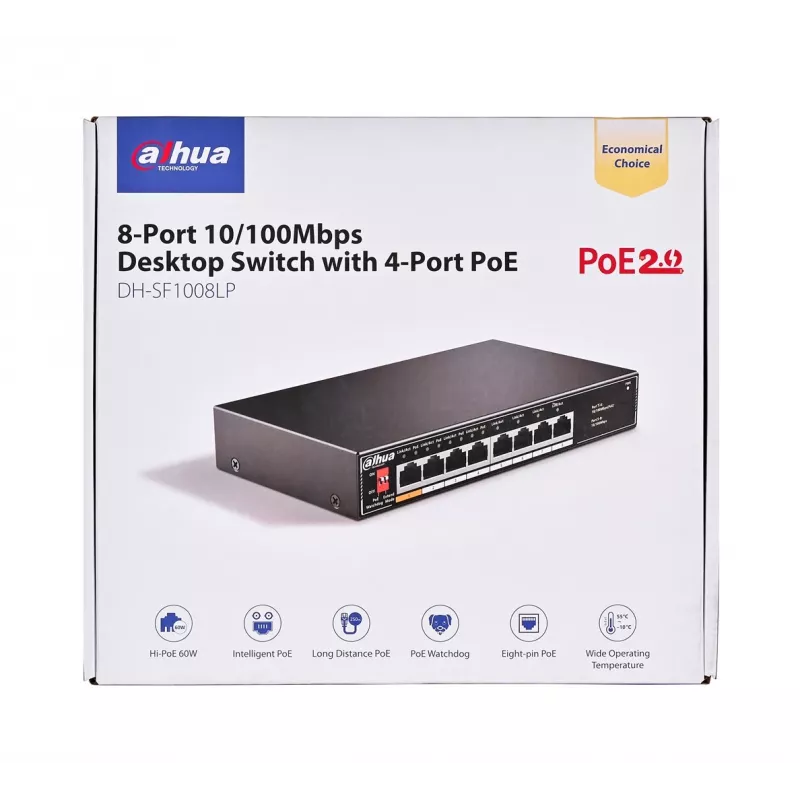 Dahua Technology PoE SF1008LP Switch no gestionado L2 Fast Ethernet (10/100) Power over Ethernet (PoE) Negro