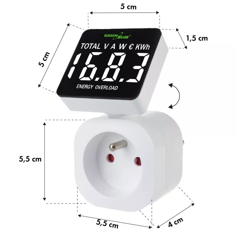 Medidor de vatios y energía GreenBlue GB620E para red de 220 V, máx. 16 A, medidor de corriente/energía enchufable