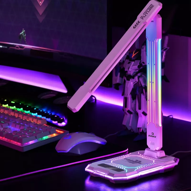 Lámpara de mesa Hawk HW-LAMP04 blanca LED ajustable, superficie blanca, cabezal y brazo ajustables