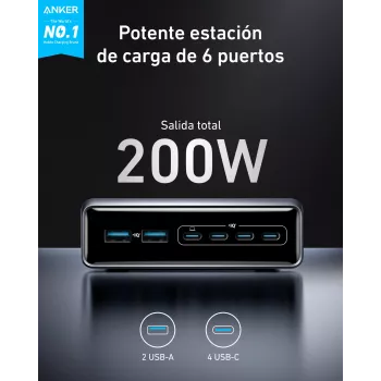 Cargador GeNPrime 200W GaN 4xUSB-C 2xUSB-A negro