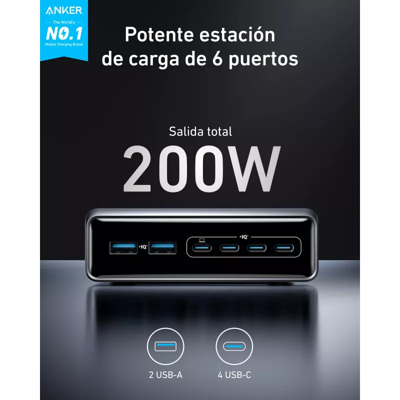 Cargador GeNPrime 200W GaN 4xUSB-C 2xUSB-A negro