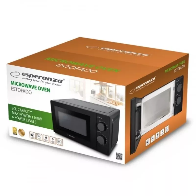 Esperanza ESTOFADO EKO011K microondas solo, de sobremesa, 20 l, 700 W, 5 niveles de potencia, plato giratorio de 24,5 cm, negro