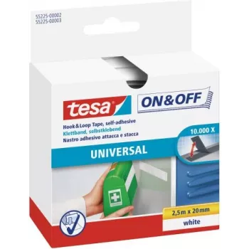 Cinta velcro tesa, 20 mm x 2,5 m, blanca autoadhesiva, fijación y despegado rápidos (55225-00002-00)