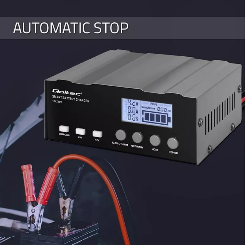 Cargador de baterías QOLTEC 52491 microprocesador 12V/12,6V/24V con LCD