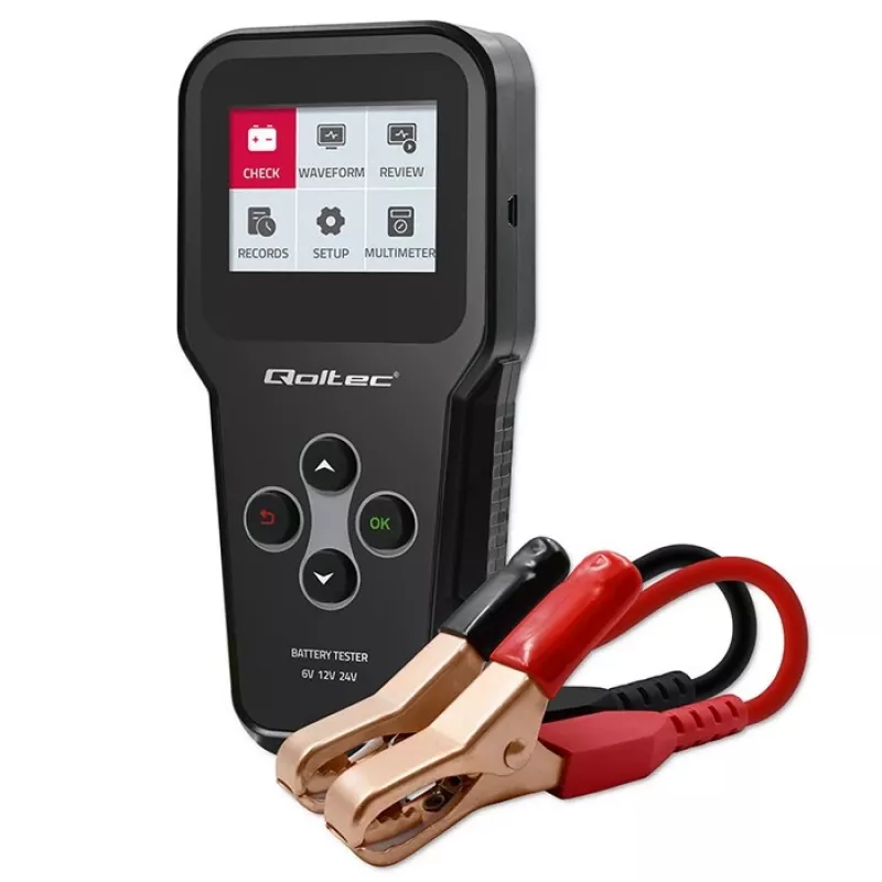 Qoltec 52489 Analizador y comprobador digital de baterías 3-en-1 con LCD y multilingüe 6V | 12V | 24V | 30Ah-200Ah